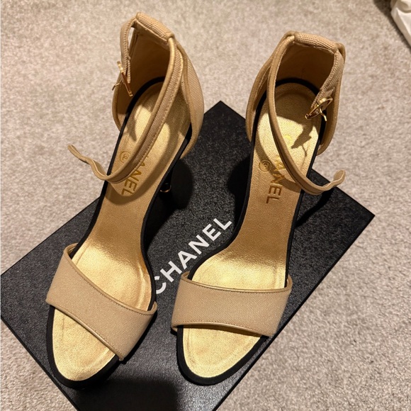 CHANEL Shoes - Chanel Gold and Black Ankle-Strap  Heel Sandals